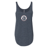 Front view of a heather blue TRLT festival tank top with circular chest logo